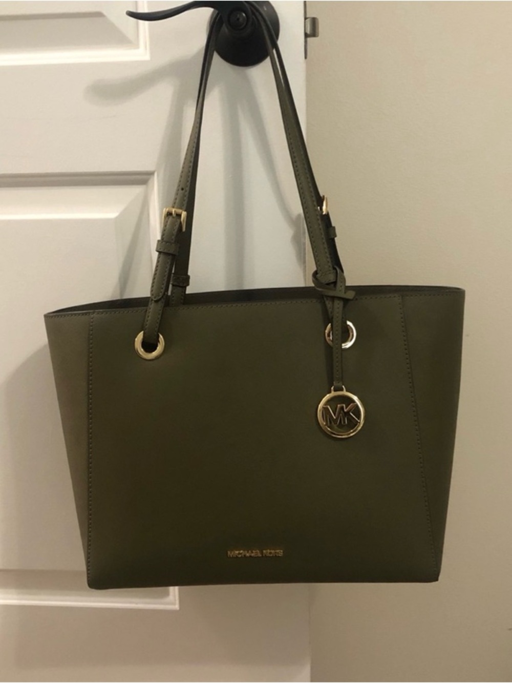 Michael Kors Olive Green Leather Tote with Gold Hardware